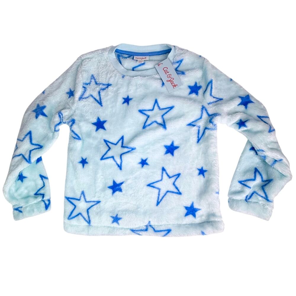 Furry Fleece Blue Star Shirt 7/8 Medium Girls Boys Soft Long Sleeve Tee Top New